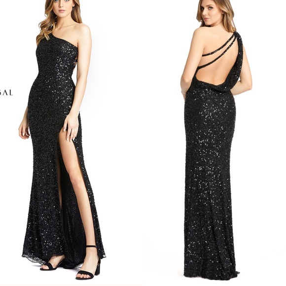 Robe Cocktail Aidan Mattox Asymétrique – Noir à Paillettes Argent, Taille 2, Une épaule, Occasion Très Bon état